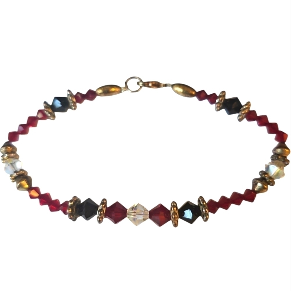 Aurora Borealis and Ruby Swarovski Crystal Bracelet with Gold Spacer Beads